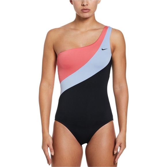 NIKE Women's Asymmetrical Swimsuit Colorblock Coral Pink Lavender Black Sz Small - Picture 2 of 16